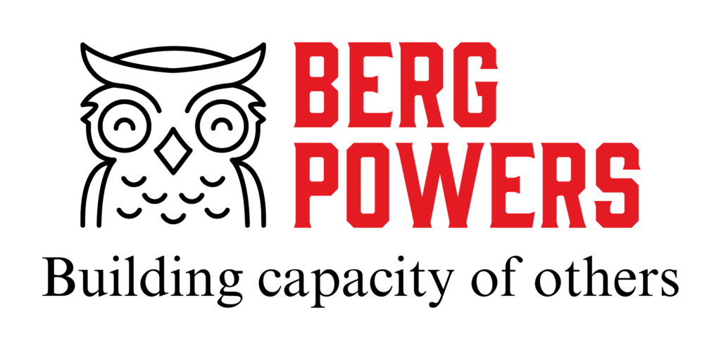 Logo Berg Powers consulting - Owl on left side above words "Building Capacity of Others," and "Berg Powers" in large red letters next to owl outline and above building capacity tagline